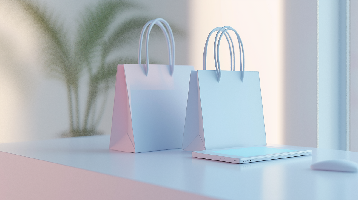 White shopping bags next to a tablet on a table all white