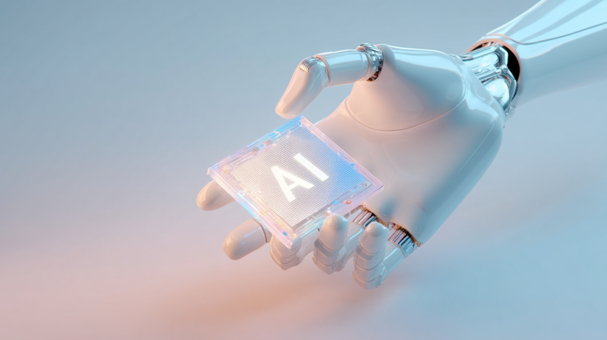 Robot hand holding a chip with AI written on it
