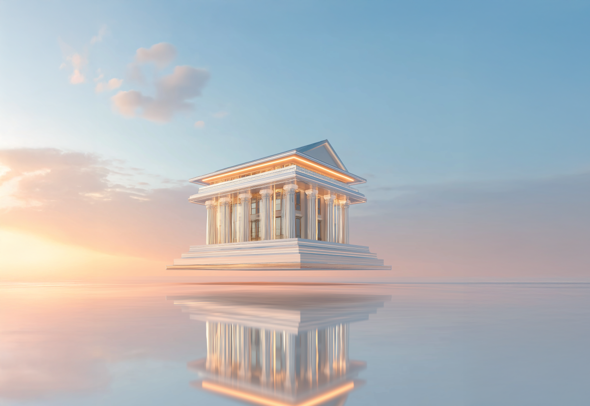 Bank floating over a mirror-like ground