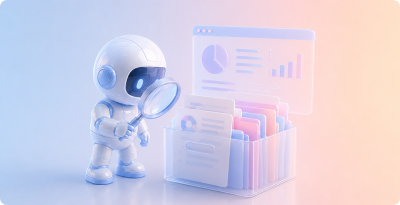 little robot examining files with magnifying glass