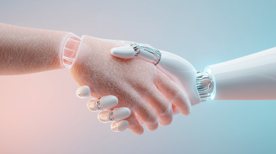robot hand holding humanoide hand