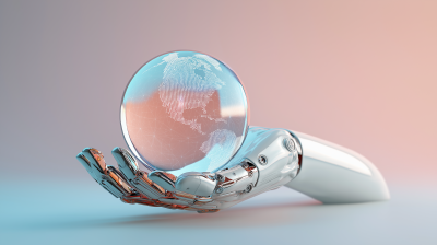 robot hand holding glass globe