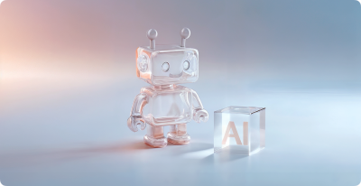 little glass robot near a glass cube with letters AI