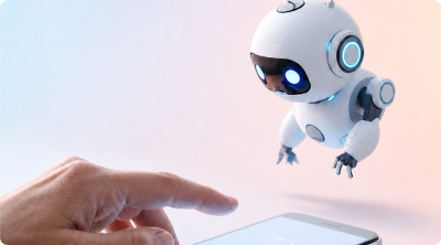 little robot hovering over a smartphone with a human hand touching the screen