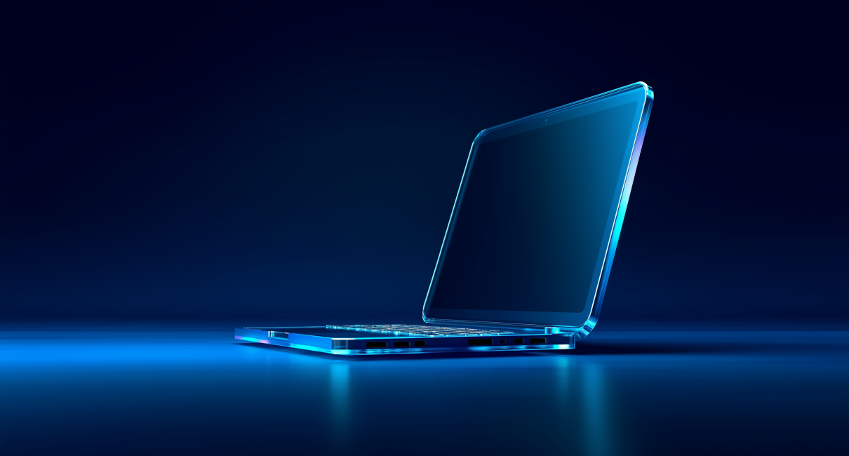 glass computer on dark navy background