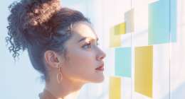 Woman looking at sticky notes on a board