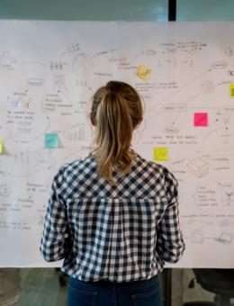 women in front of a white board