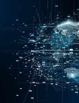 Digital representation of a globe with data emerging from different regions