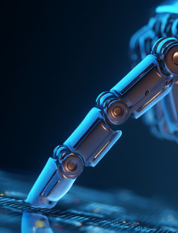 Close up of a robot hand touching a computer