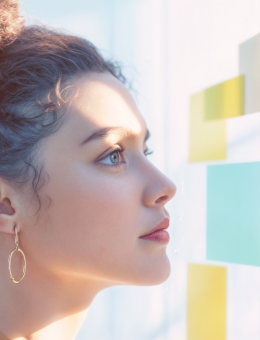 Woman looking at sticky notes on a board