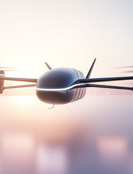 Futuristic plane flying over city