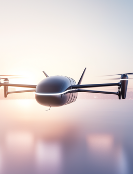 Futuristic plane flying over city